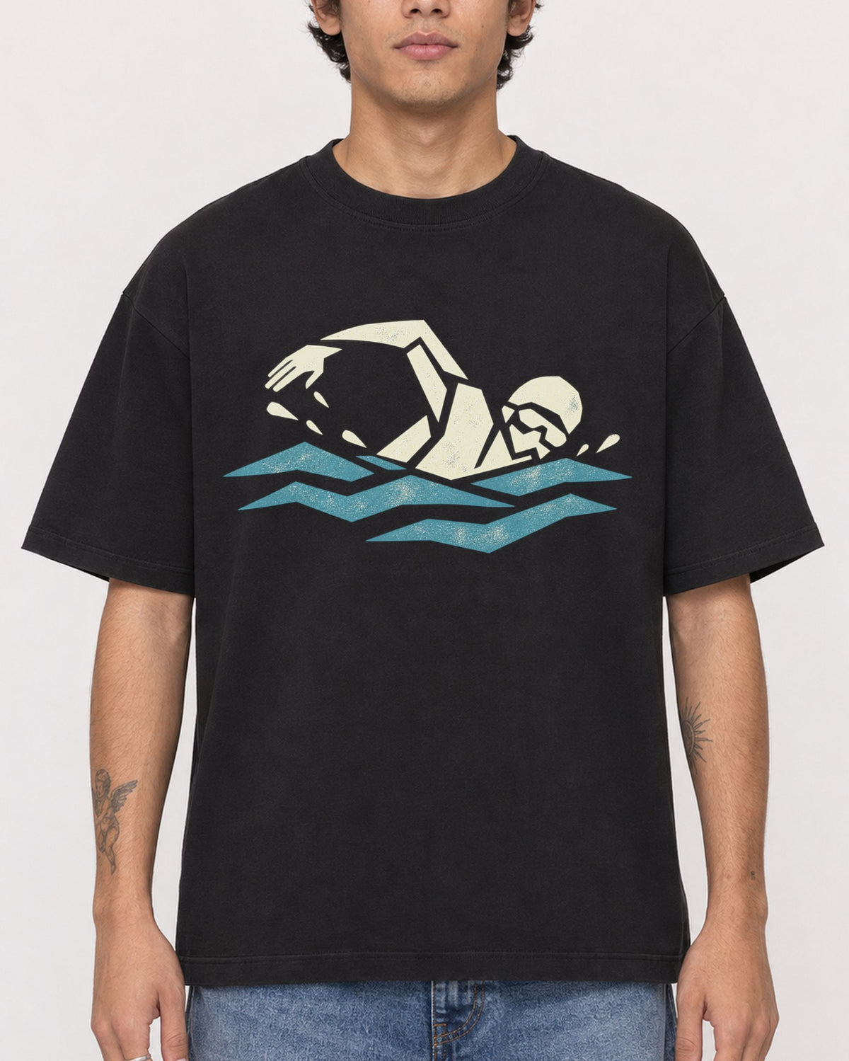 Mockup Boxy Heavyweight Tee Black male close-up 06