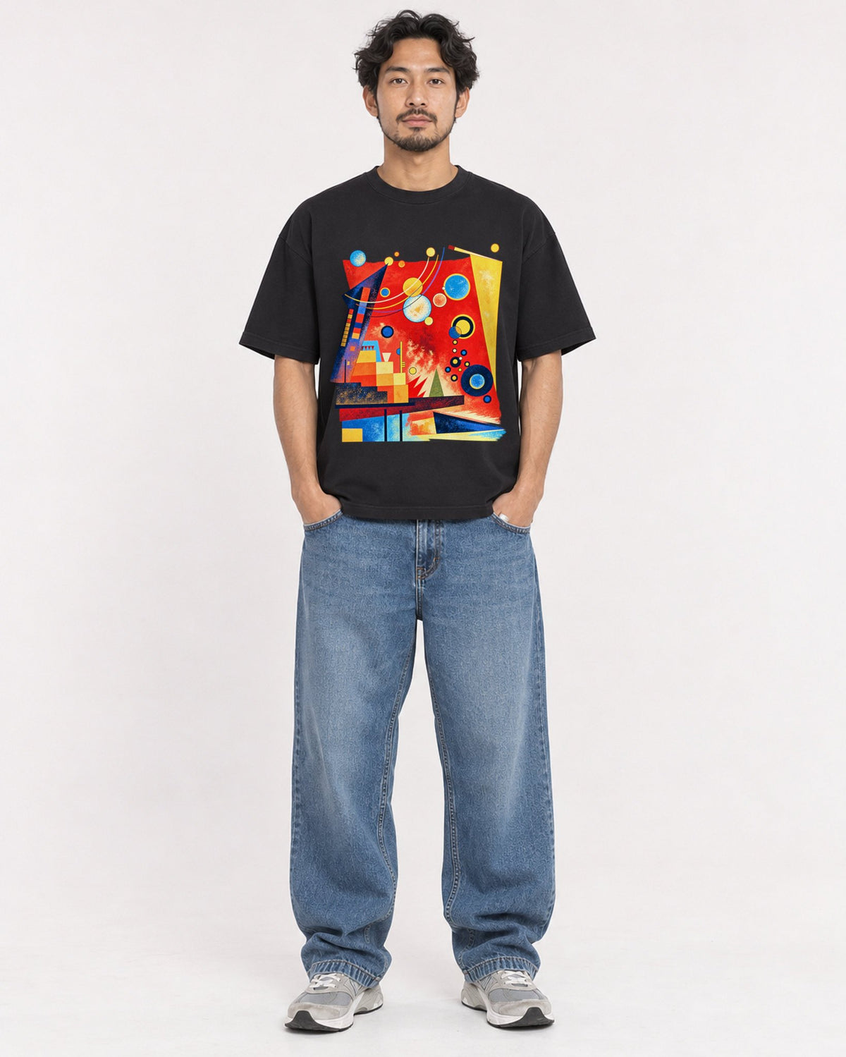Mockup Boxy Heavyweight Tee Black male full-body 02