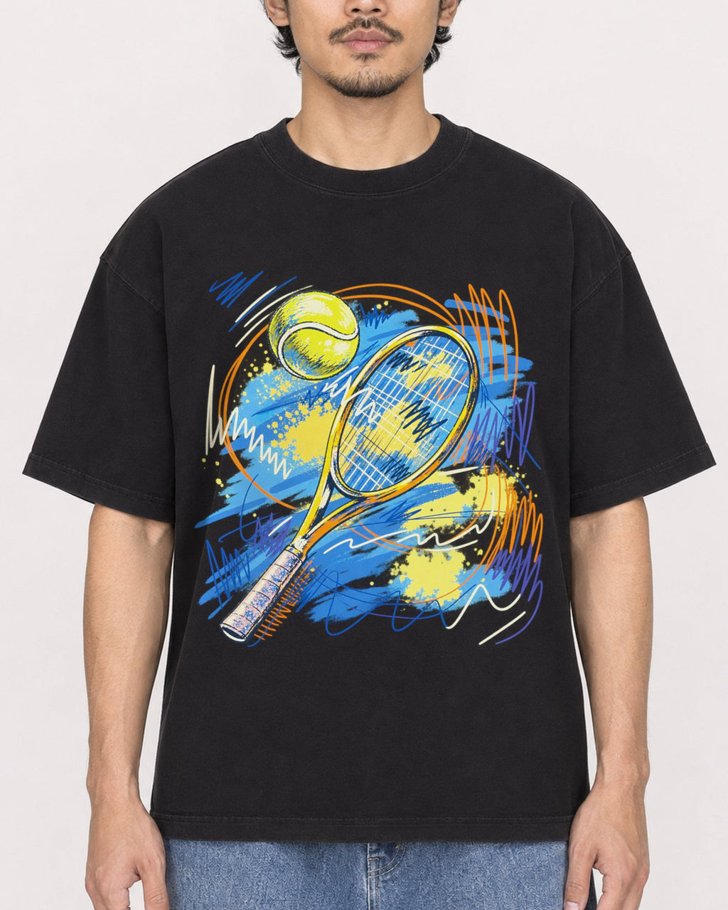 Mockup Boxy Heavyweight Tee Black male close-up 02