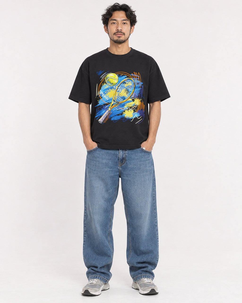 Mockup Boxy Heavyweight Tee Black male full-body 02