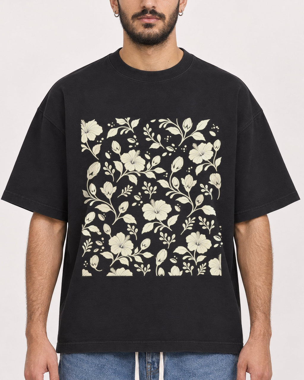Mockup Boxy Heavyweight Tee Black male close-up 07