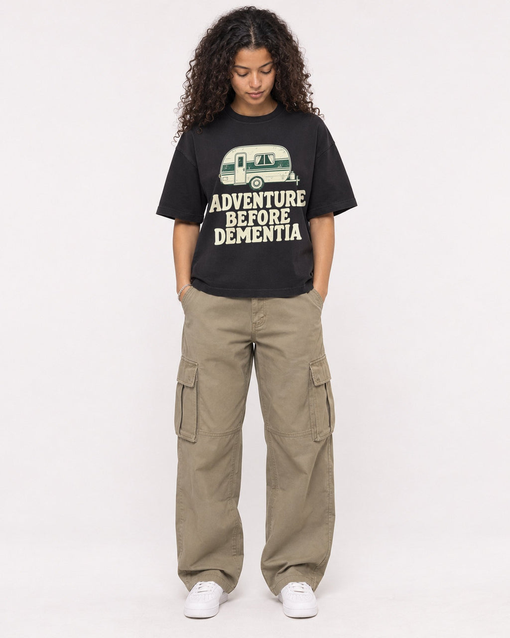 Mockup Boxy Heavyweight Tee Black female full-body 10