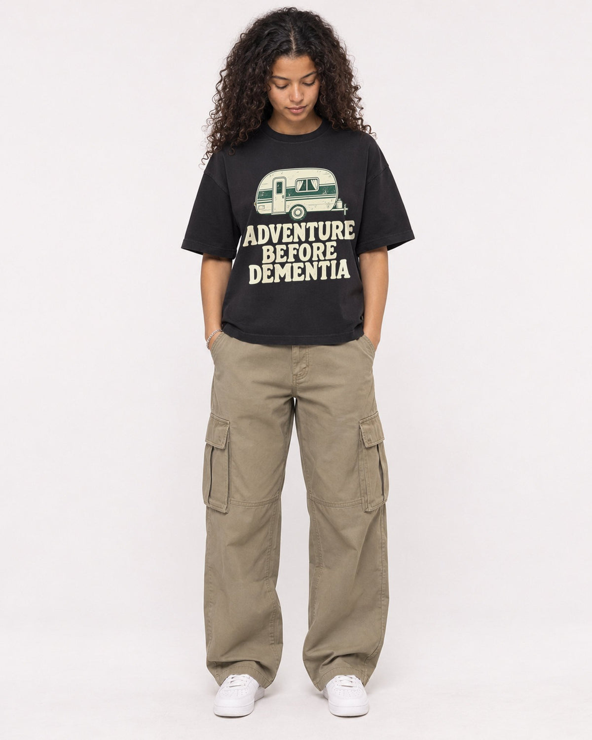 Mockup Boxy Heavyweight Tee Black female full-body 10
