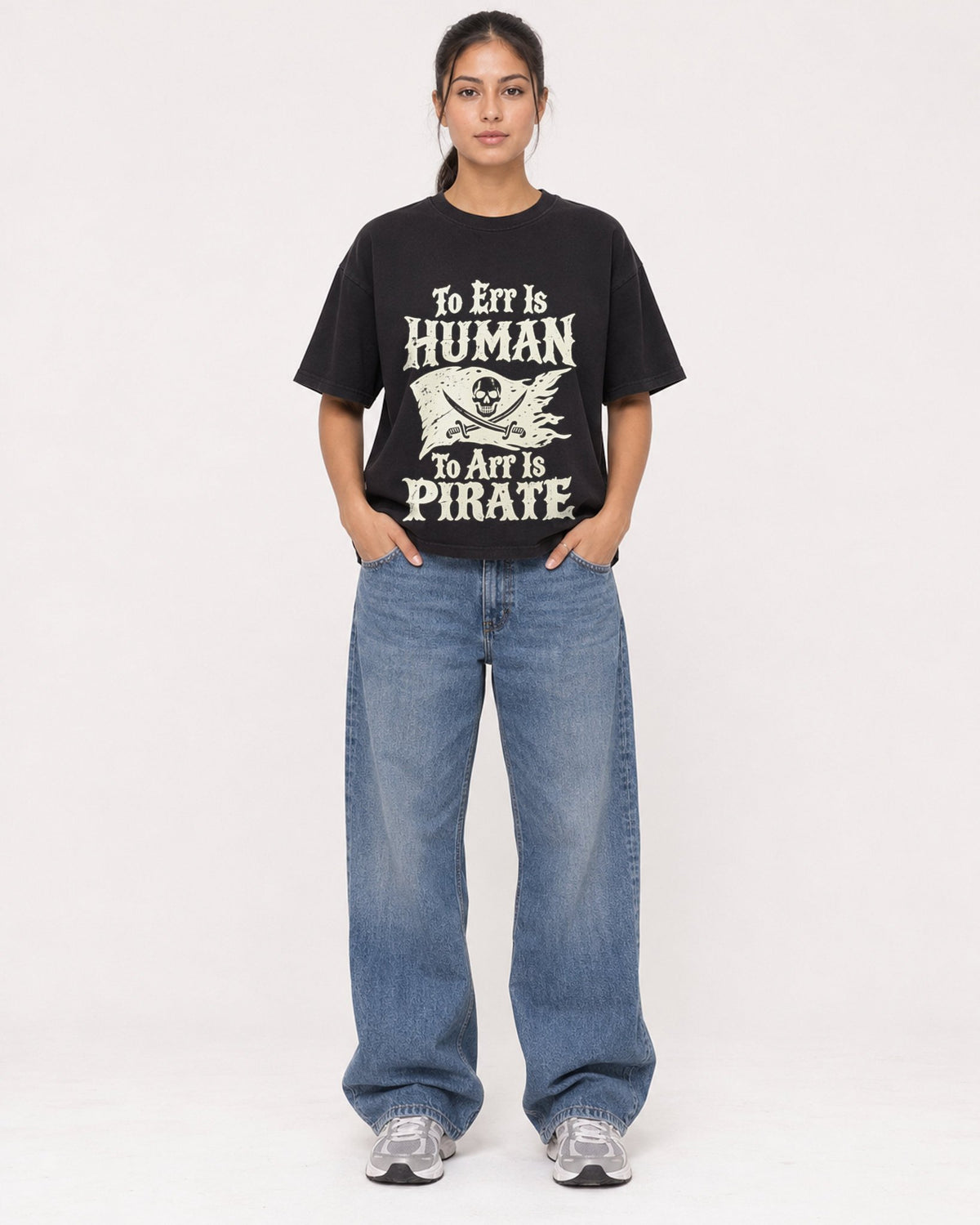 Mockup Boxy Heavyweight Tee Black female full-body 16