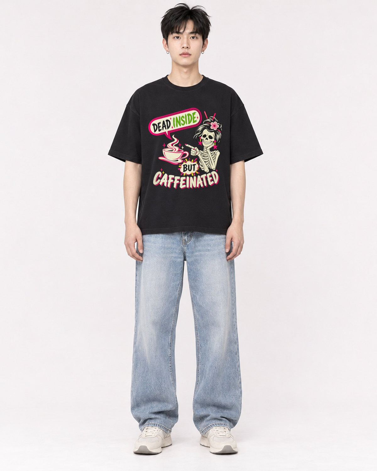 Mockup Boxy Heavyweight Tee Black male full-body 01