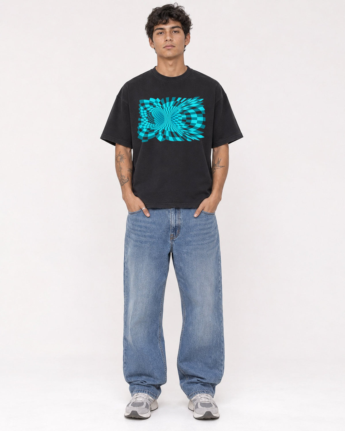 Mockup Boxy Heavyweight Tee Black male full-body 06
