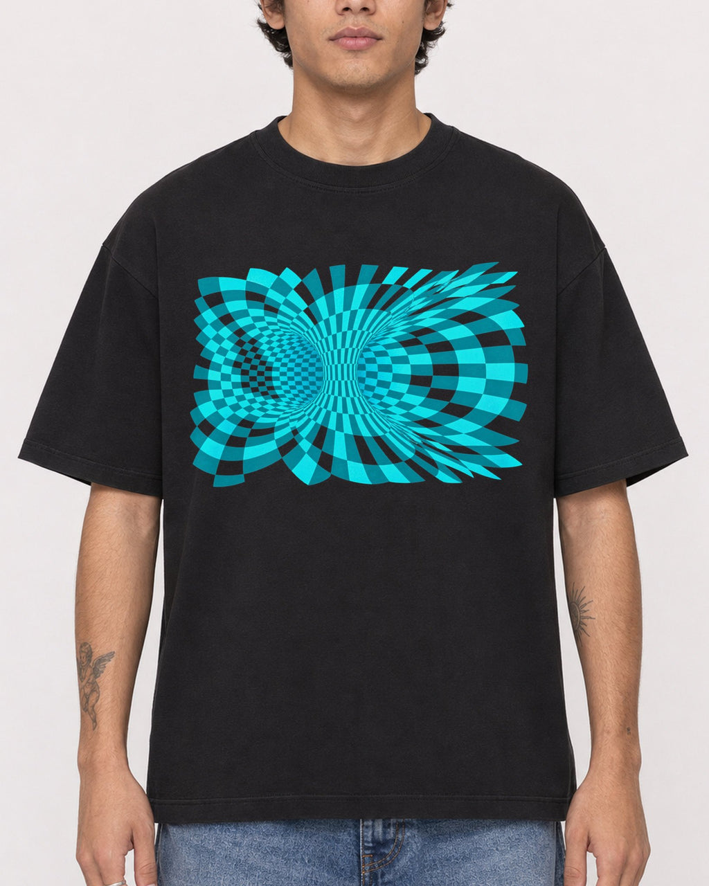 Mockup Boxy Heavyweight Tee Black male close-up 06