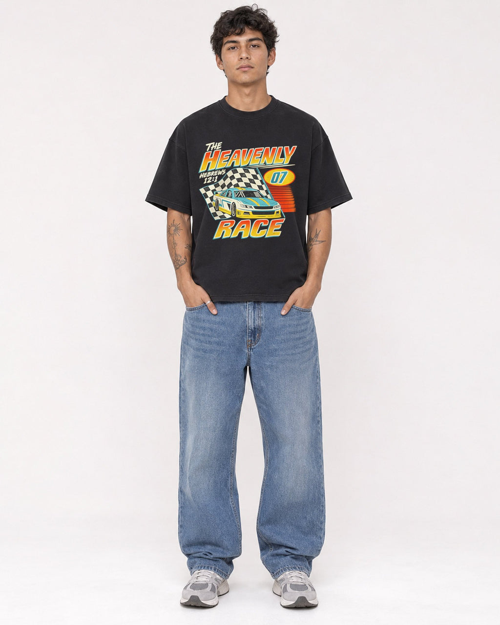 Mockup Boxy Heavyweight Tee Black male full-body 06
