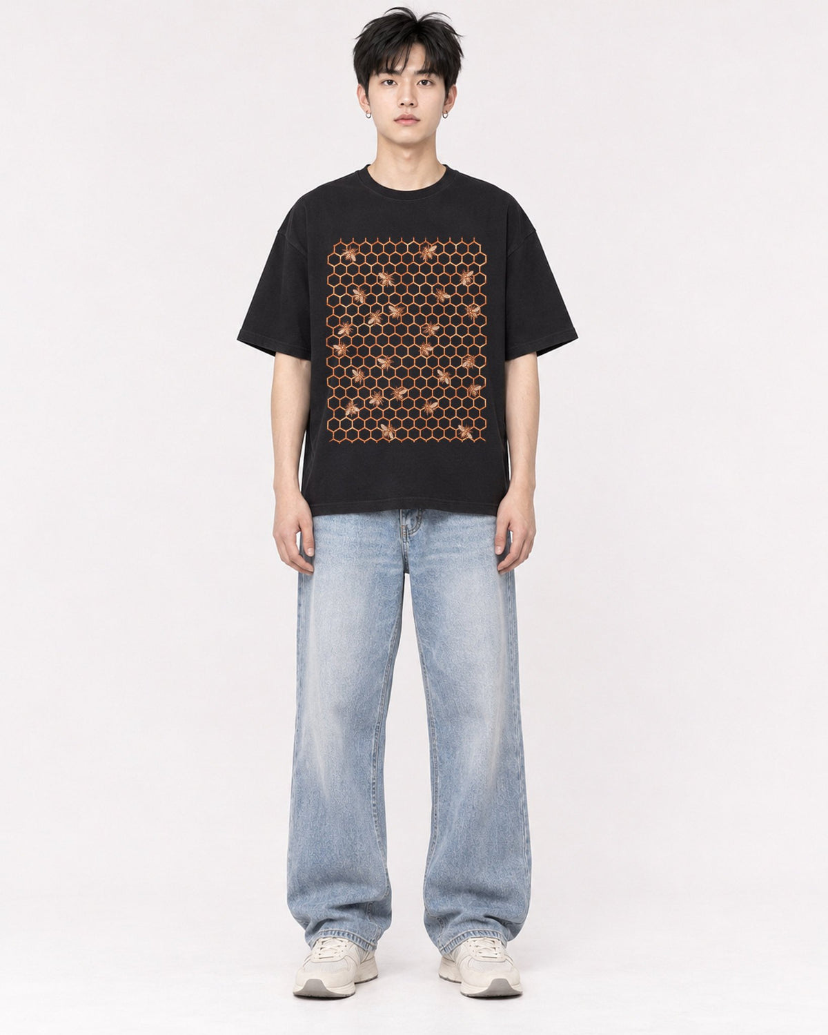 Mockup Boxy Heavyweight Tee Black male full-body 01