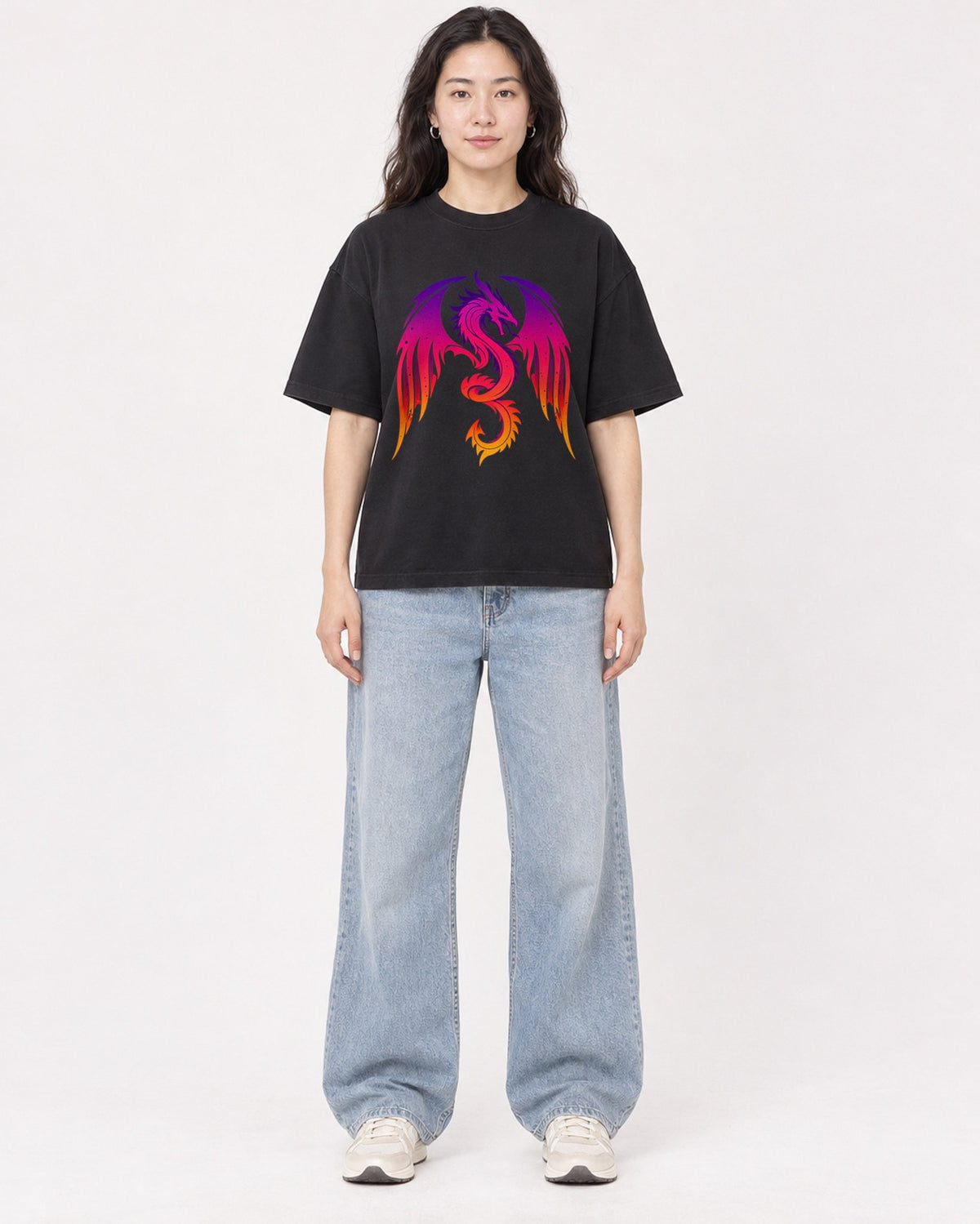 Mockup Boxy Heavyweight Tee Black female full-body 03