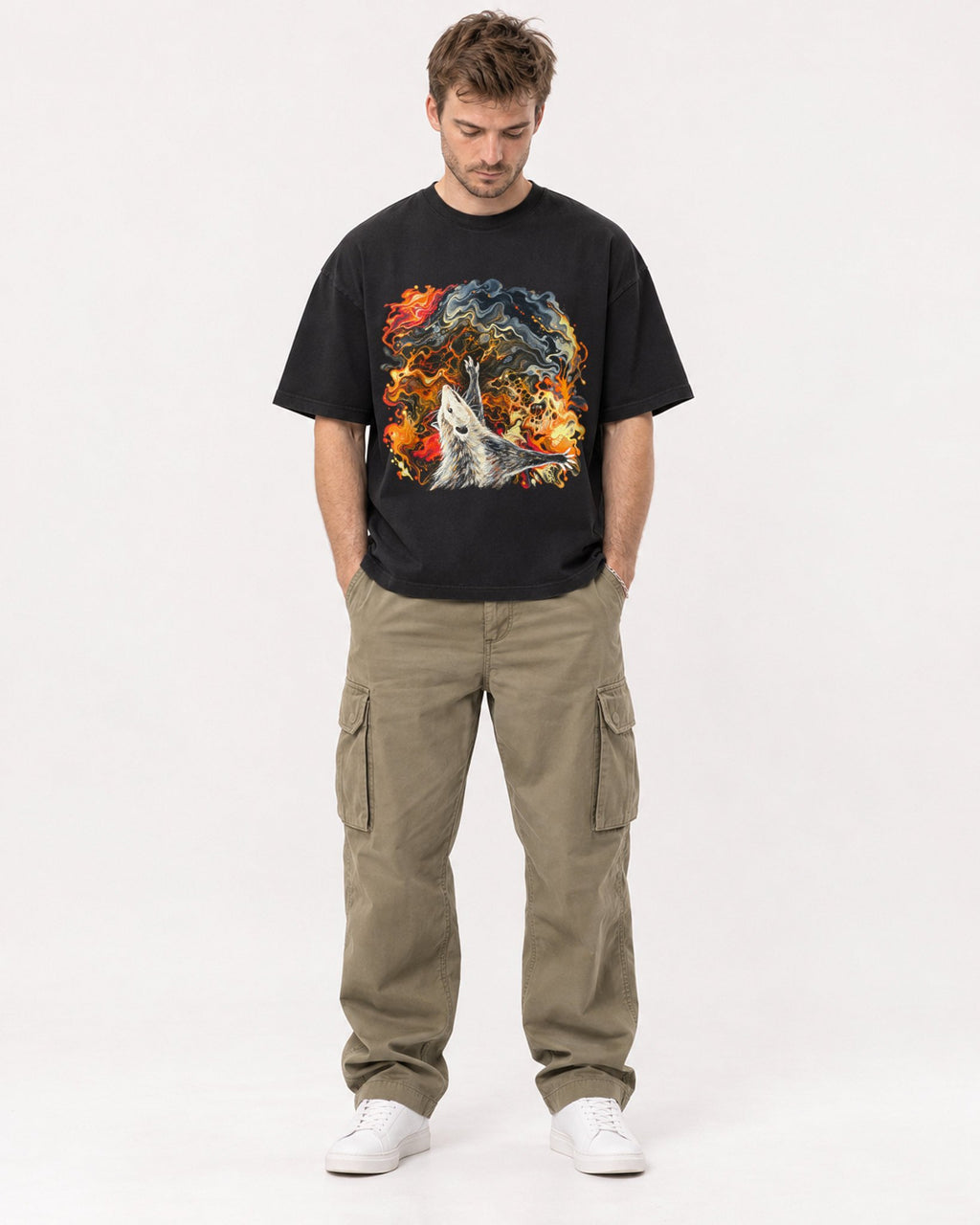 Mockup Boxy Heavyweight Tee Black male full-body 08