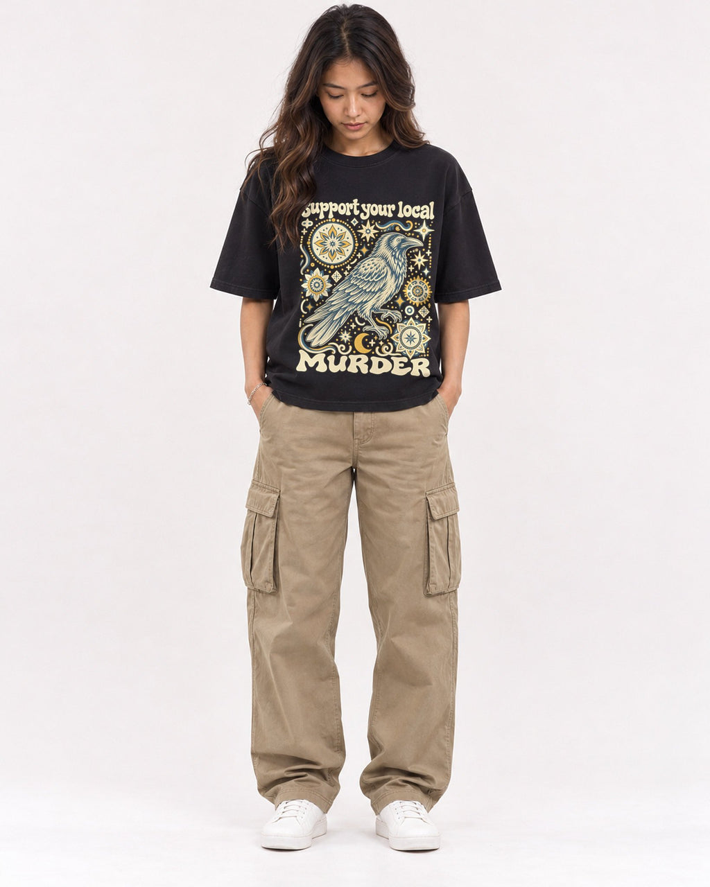 Mockup Boxy Heavyweight Tee Black female full-body 02