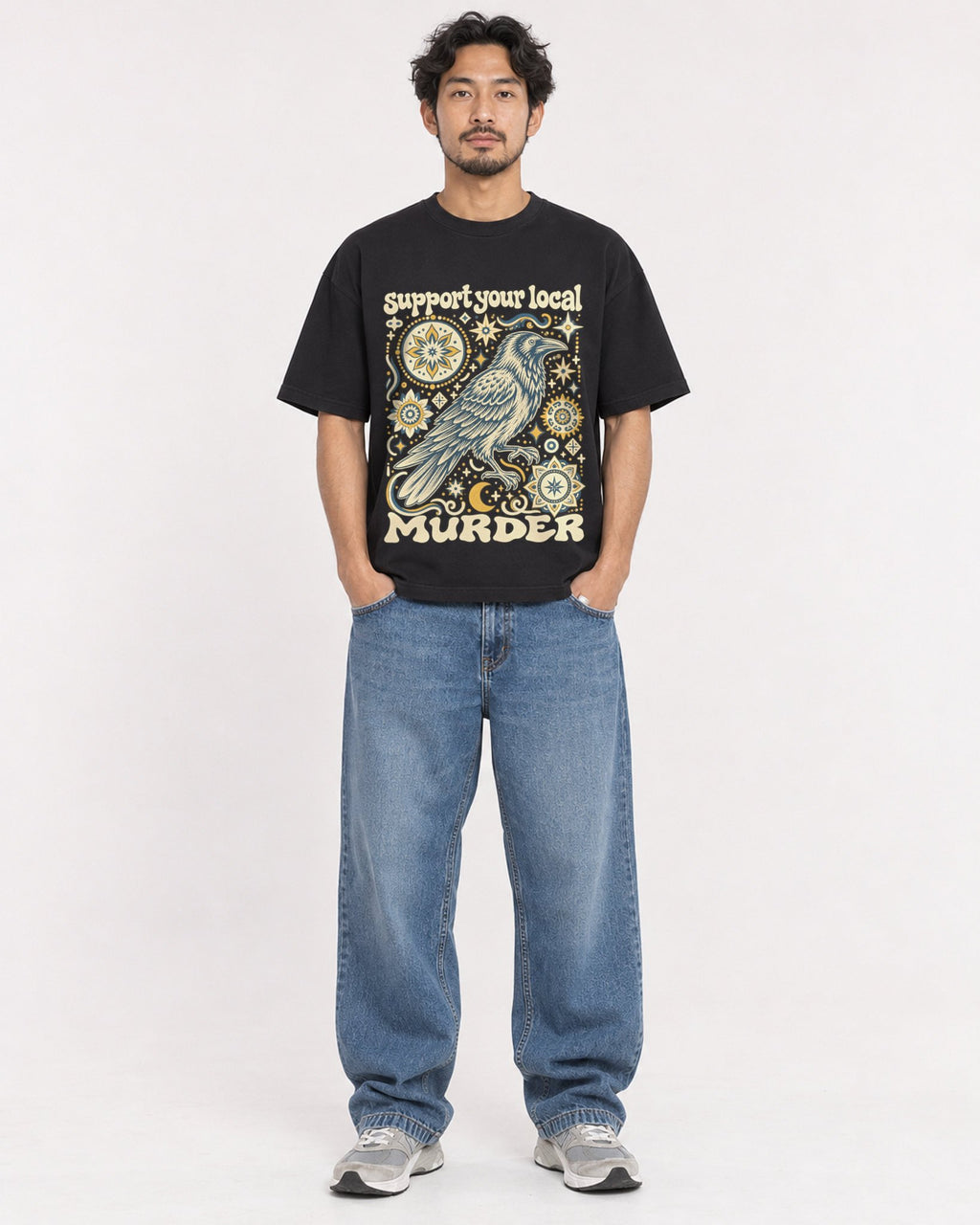 Mockup Boxy Heavyweight Tee Black male full-body 02