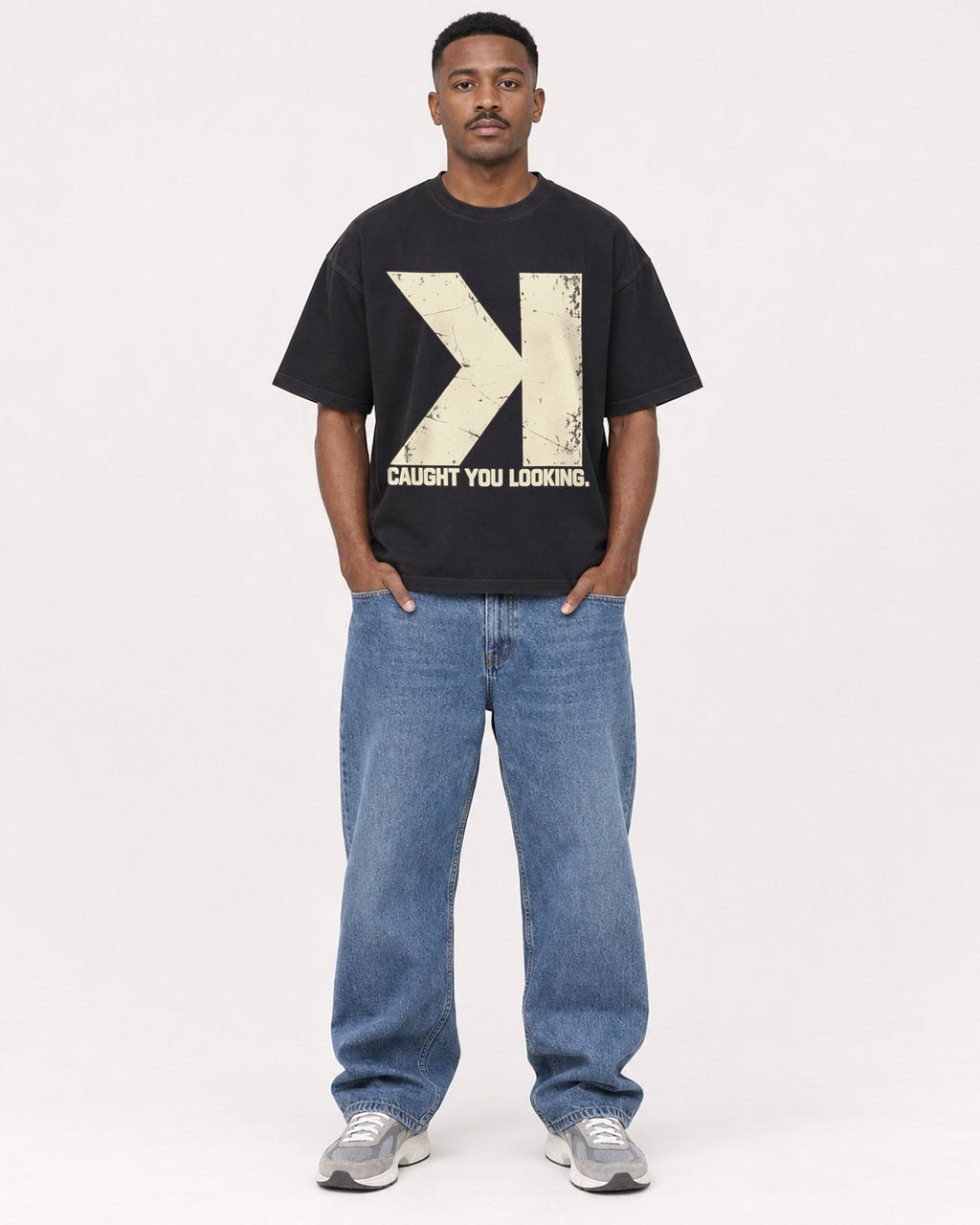 Mockup Boxy Heavyweight Tee Black male full-body 14