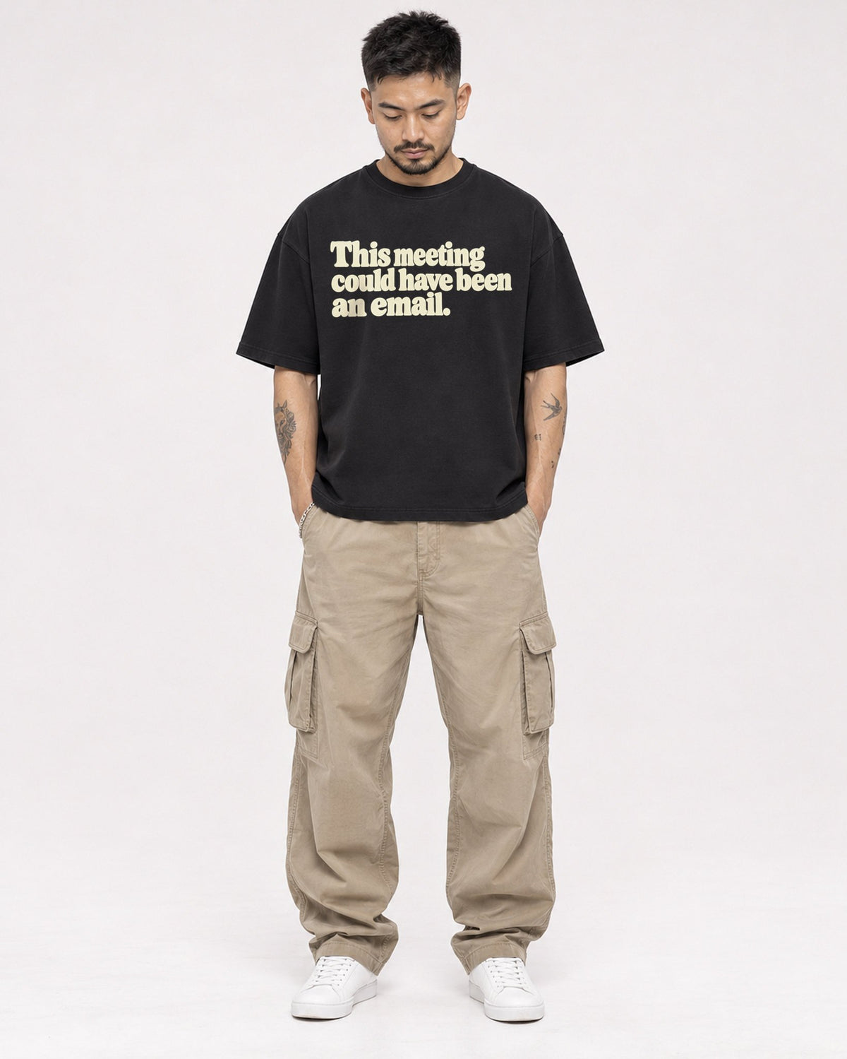 Mockup Boxy Heavyweight Tee Black male full-body 12