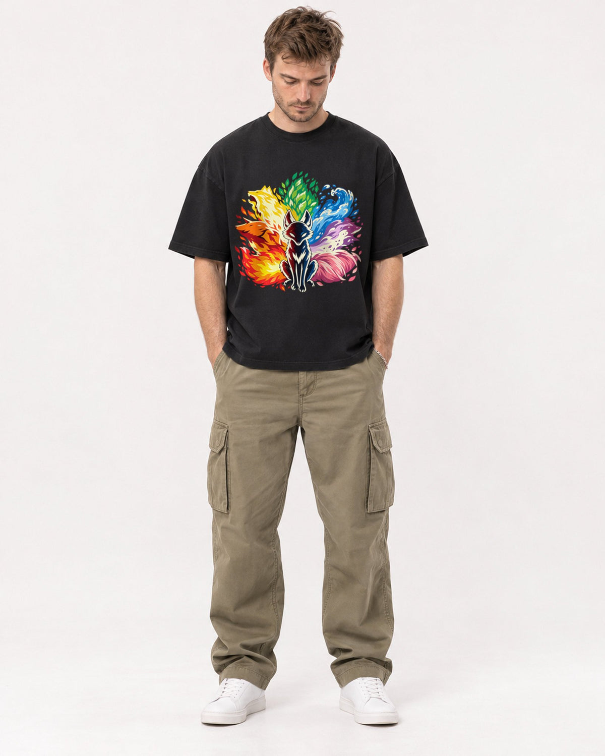 Mockup Boxy Heavyweight Tee Black male full-body 08