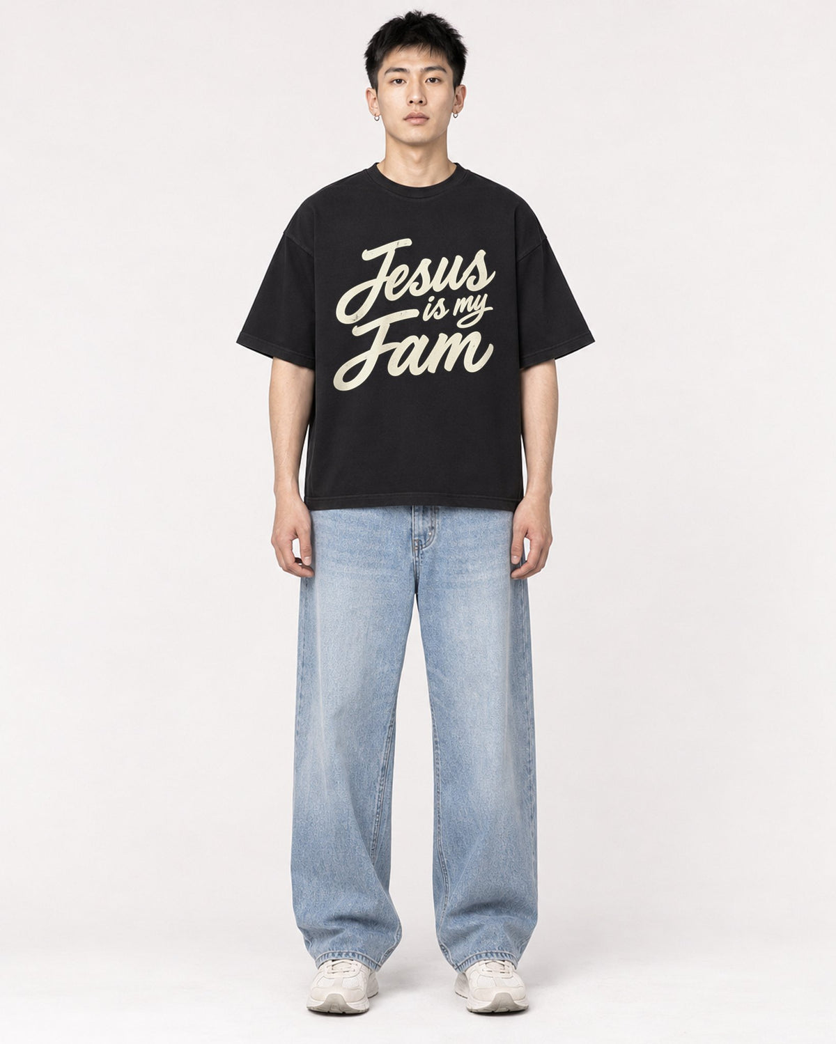 Mockup Boxy Heavyweight Tee Black male full-body 21