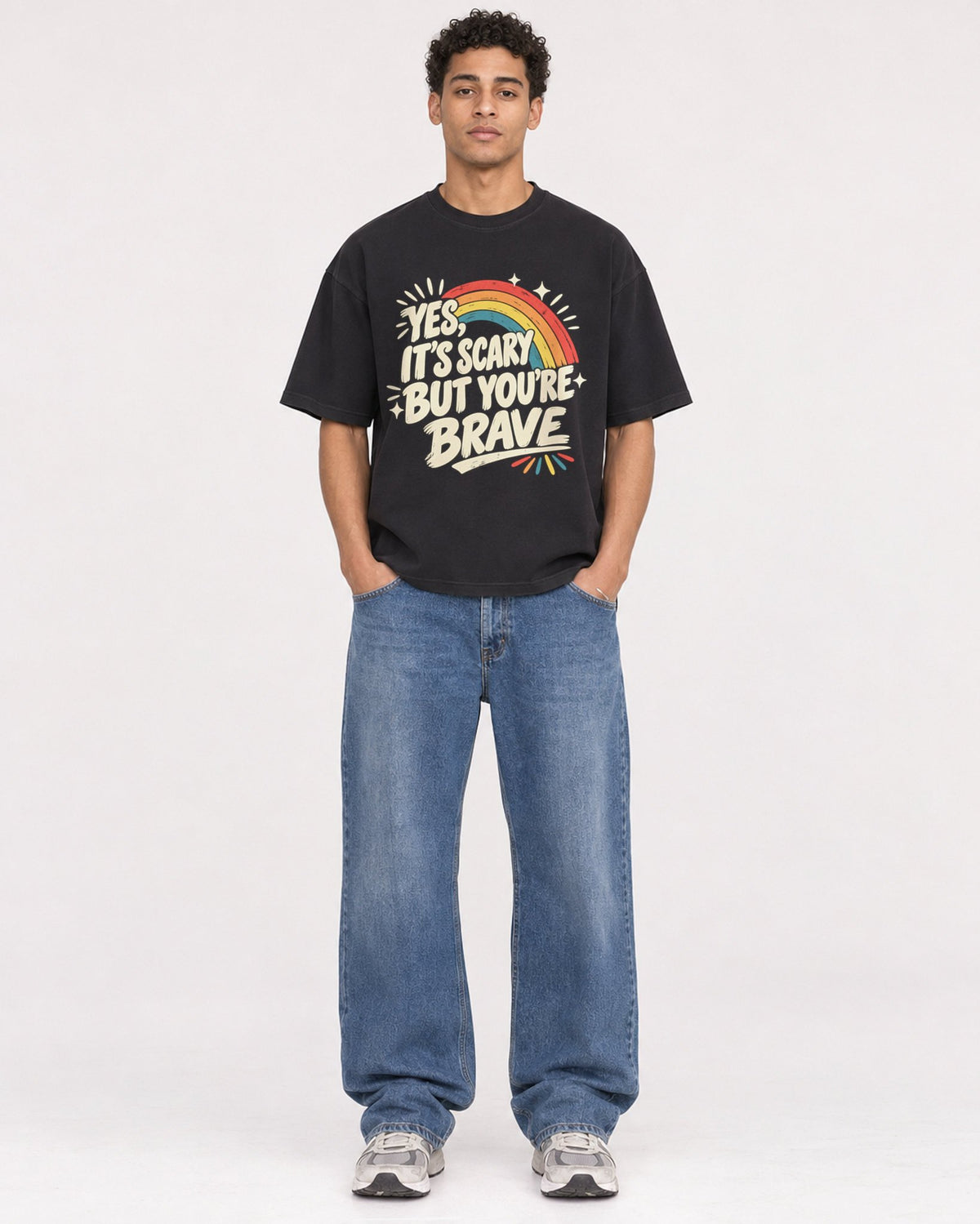 Mockup Boxy Heavyweight Tee Black male full-body 10
