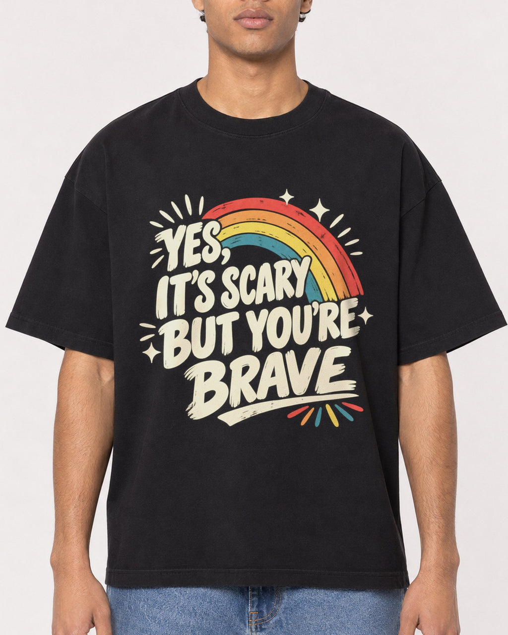 Mockup Boxy Heavyweight Tee Black male close-up 10