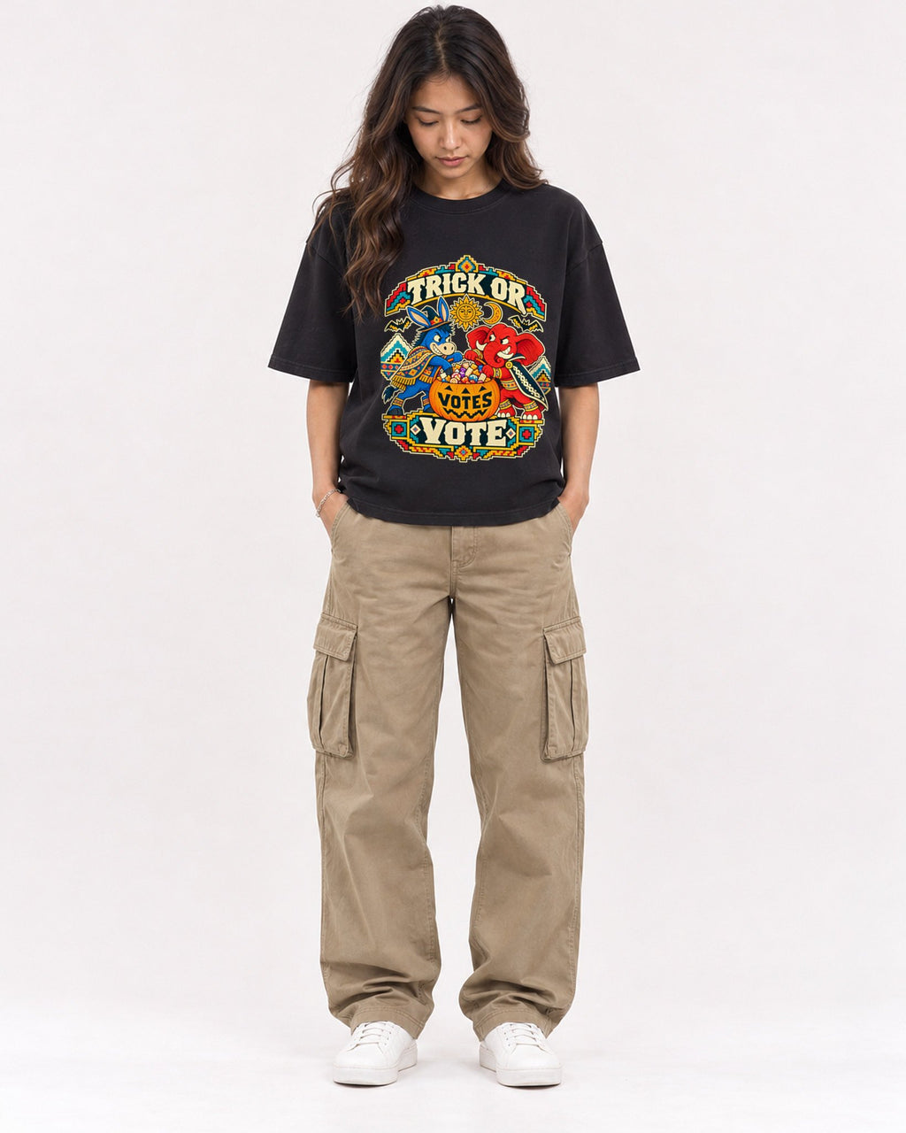 Mockup Boxy Heavyweight Tee Black female full-body 02