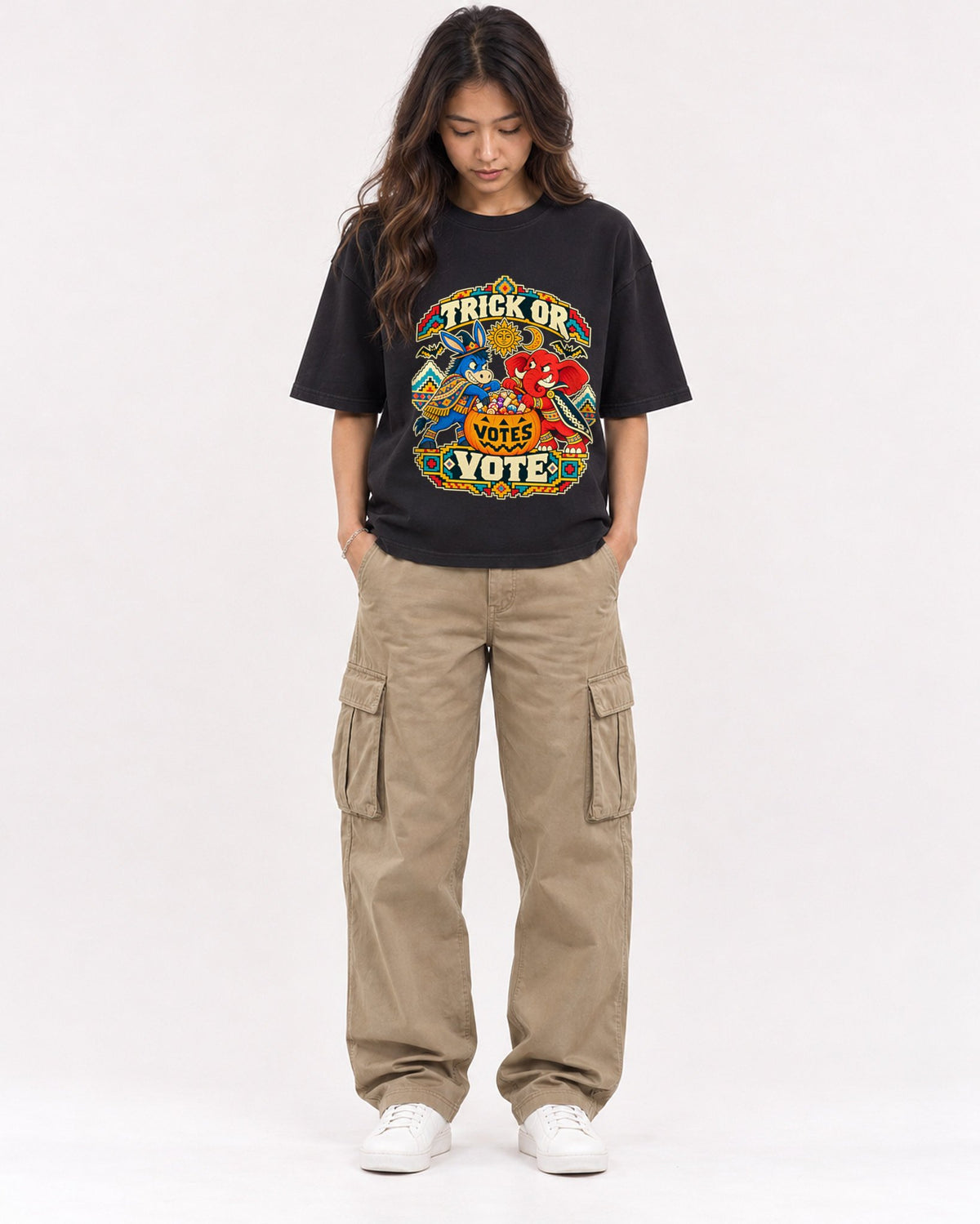 Mockup Boxy Heavyweight Tee Black female full-body 02