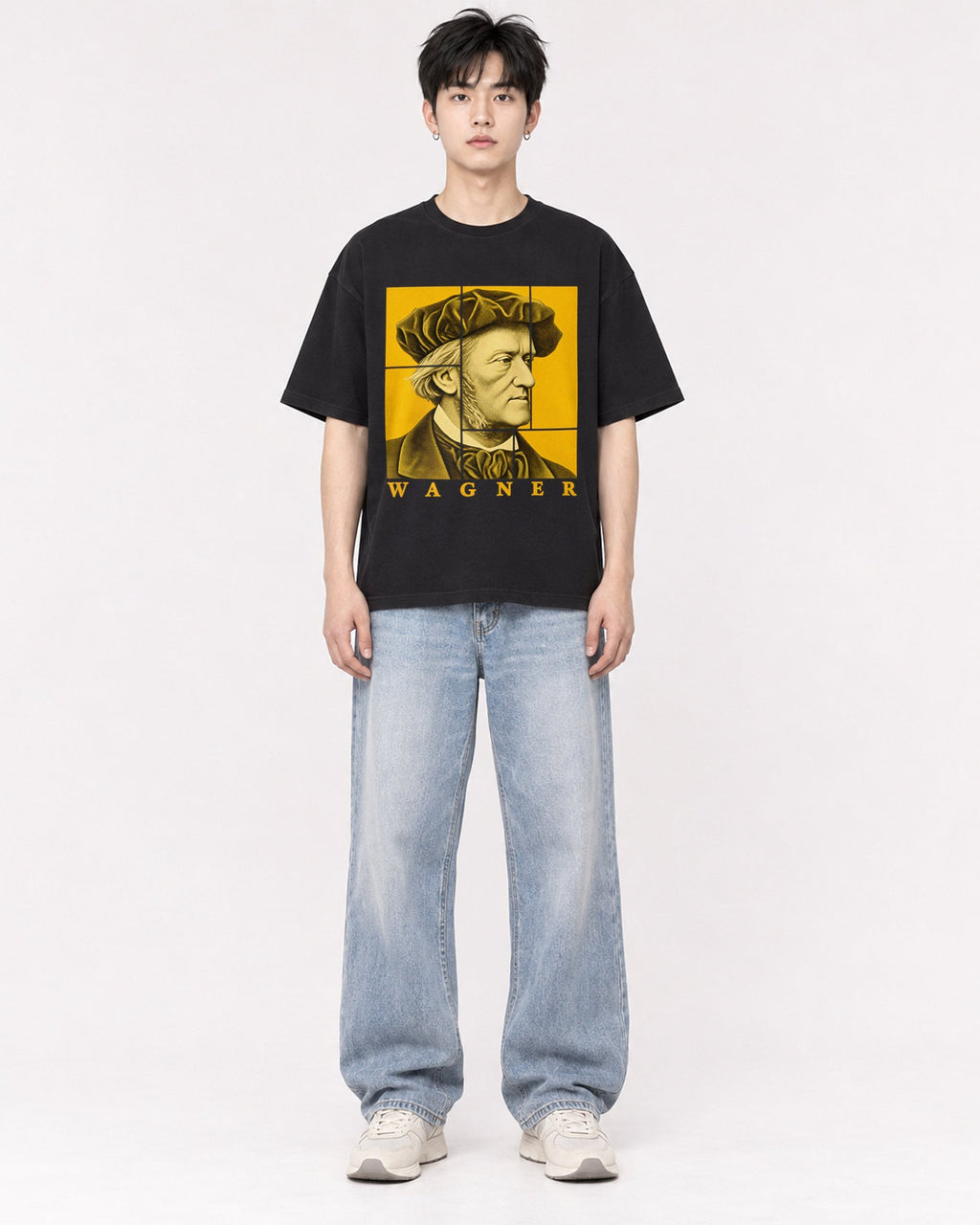 Mockup Boxy Heavyweight Tee Black male full-body 01