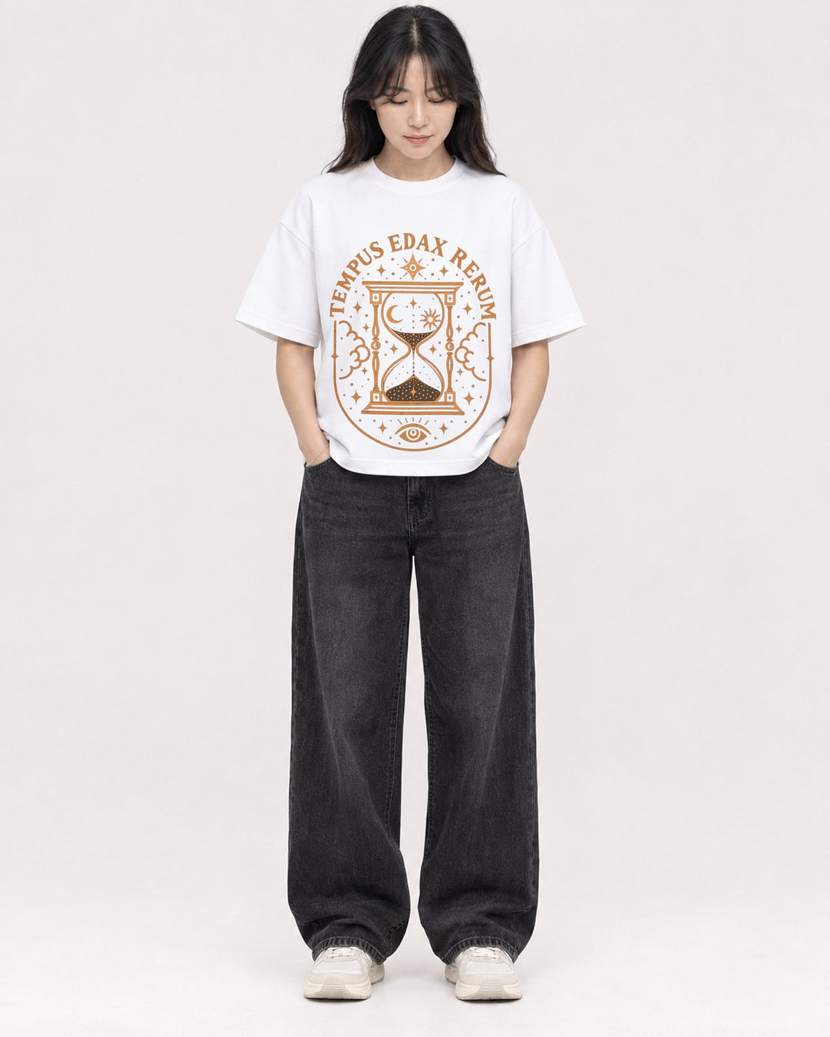 Mockup Boxy Heavyweight Tee White female full-body 13