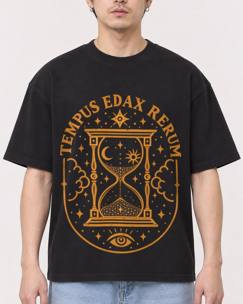 Mockup Boxy Heavyweight Tee Black male close-up 13