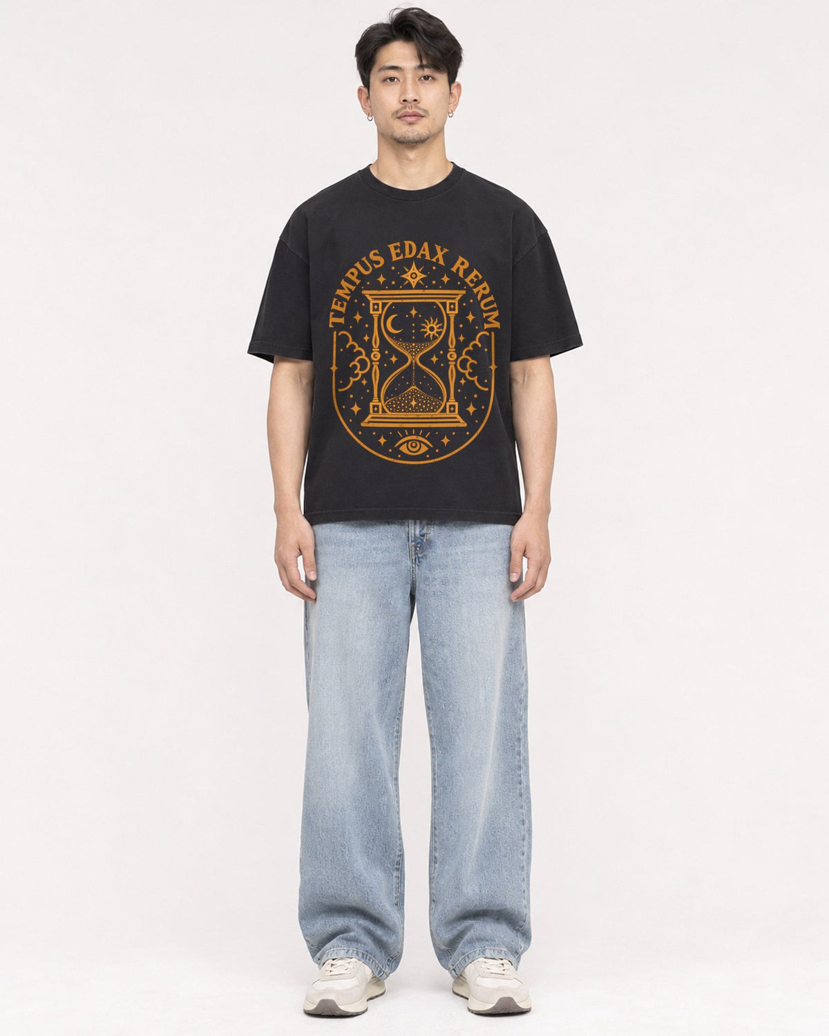 Mockup Boxy Heavyweight Tee Black male full-body 13