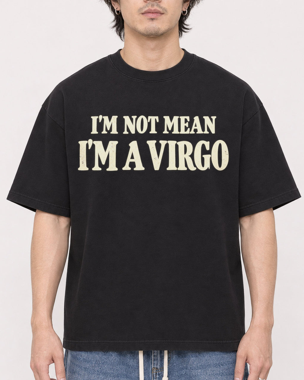 Mockup Boxy Heavyweight Tee Black male close-up 03