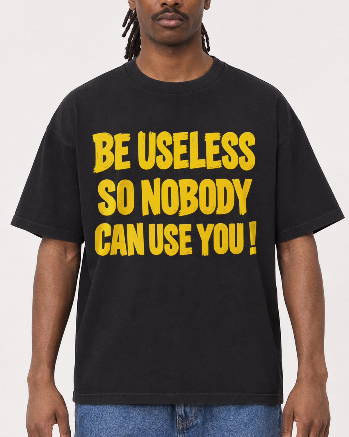 Mockup Boxy Heavyweight Tee Black male close-up 34