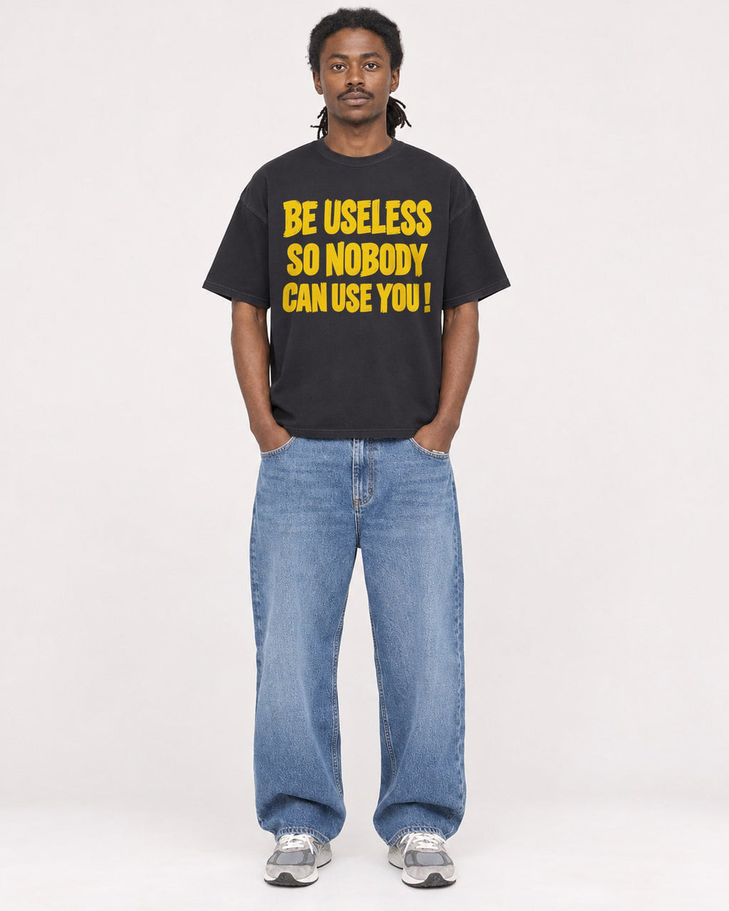 Mockup Boxy Heavyweight Tee Black male full-body 34