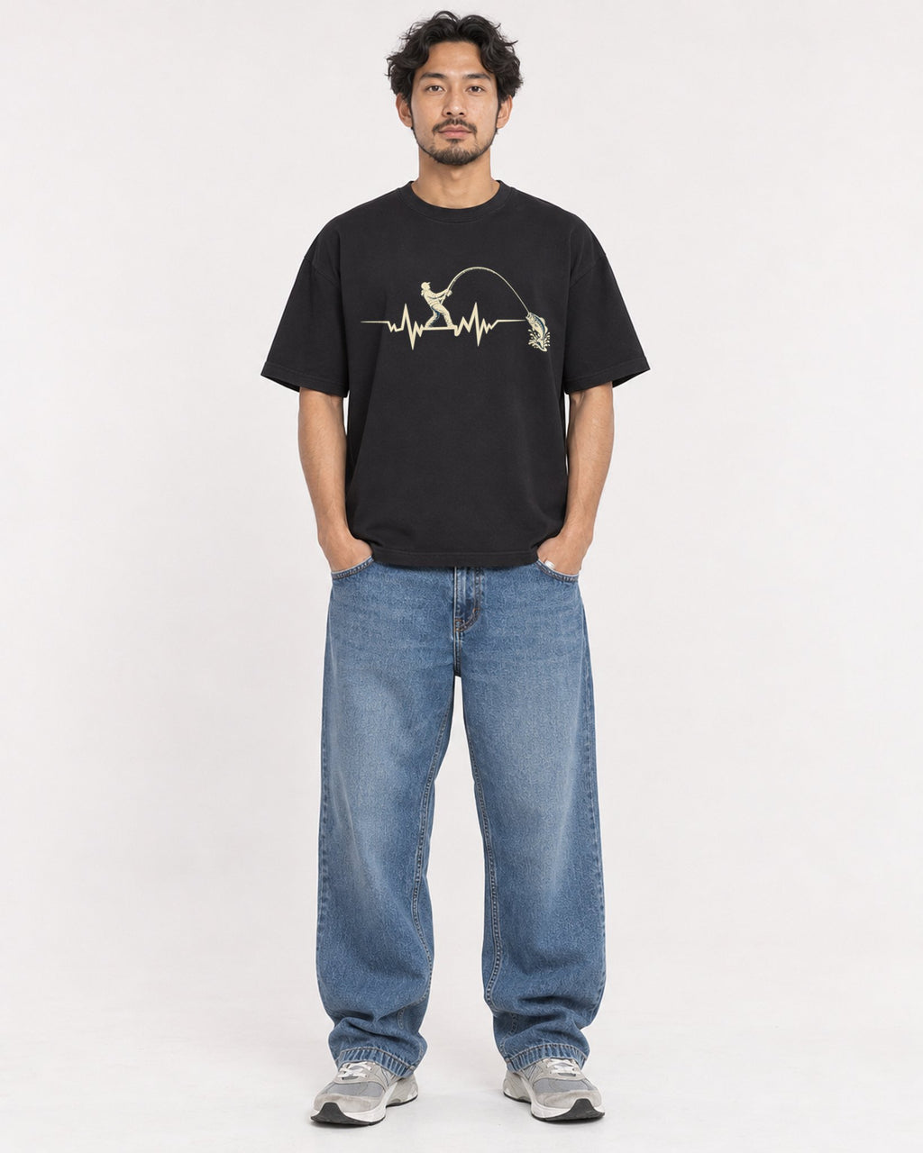 Mockup Boxy Heavyweight Tee Black male full-body 02