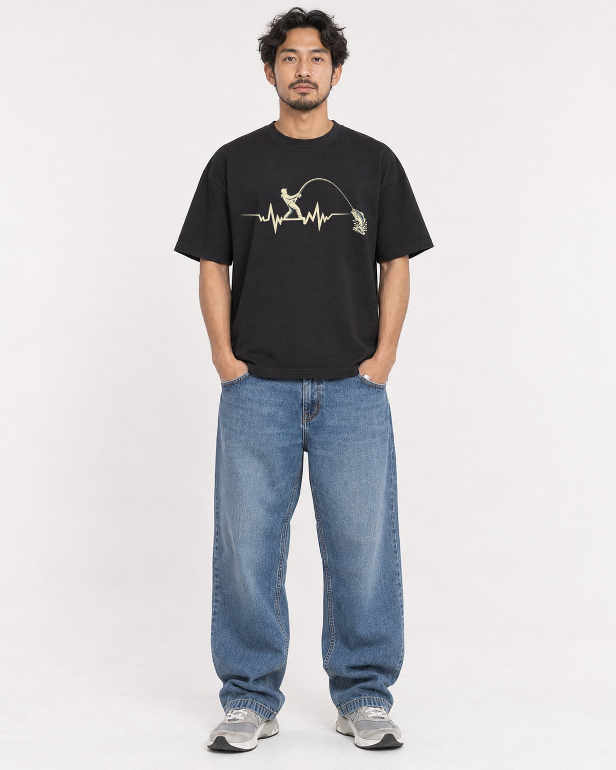 Mockup Boxy Heavyweight Tee Black male full-body 02