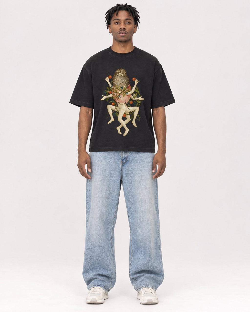 Mockup Boxy Heavyweight Tee Black male full-body 05