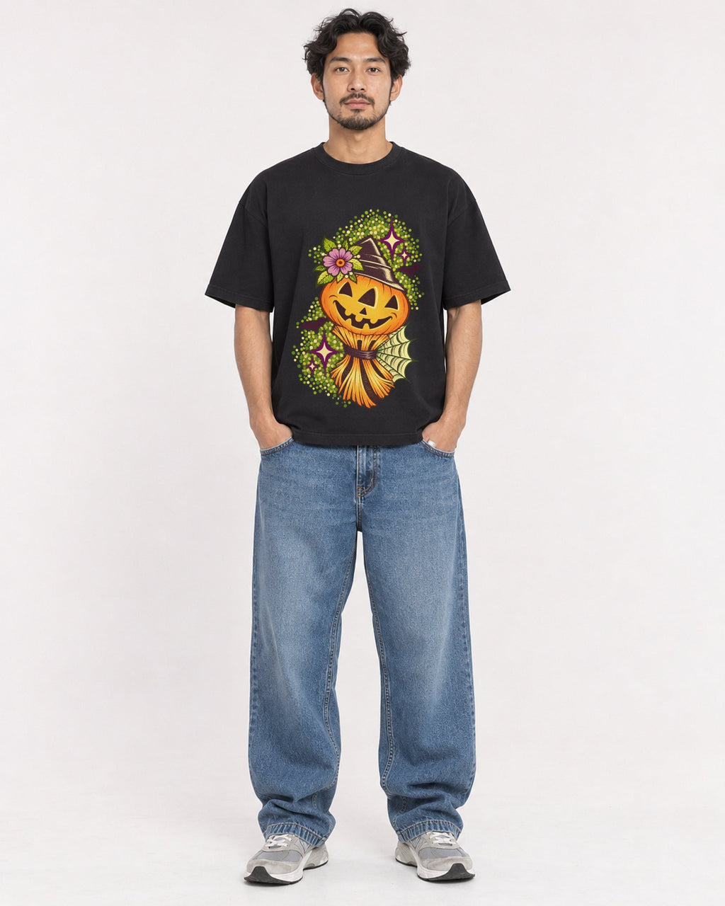 Mockup Boxy Heavyweight Tee Black male full-body 02