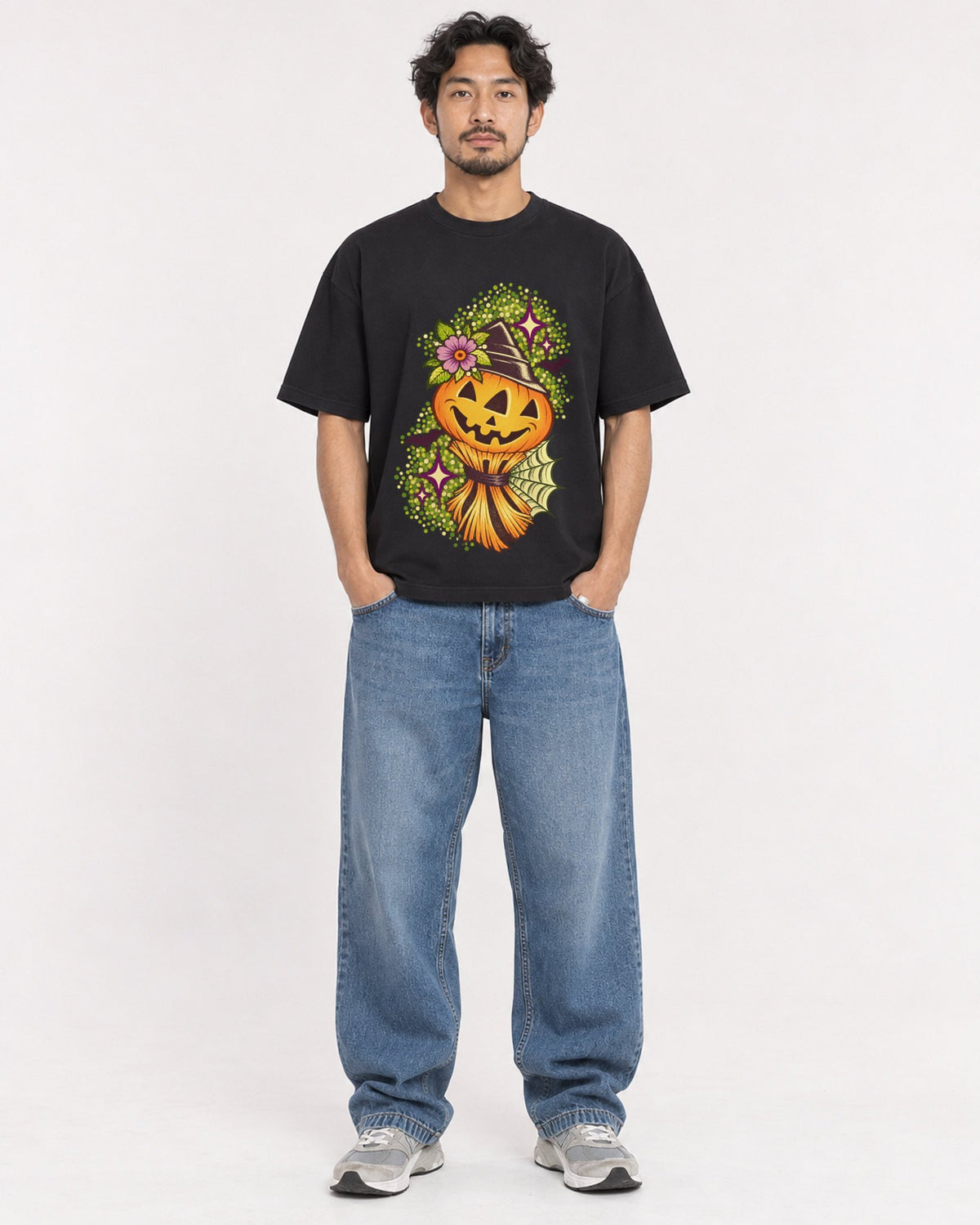 Mockup Boxy Heavyweight Tee Black male full-body 02