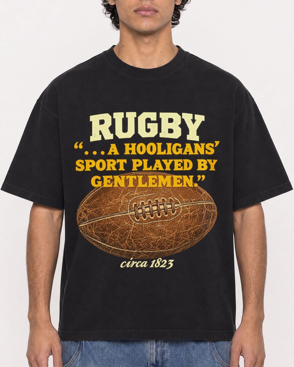 Mockup Boxy Heavyweight Tee Black male close-up 26