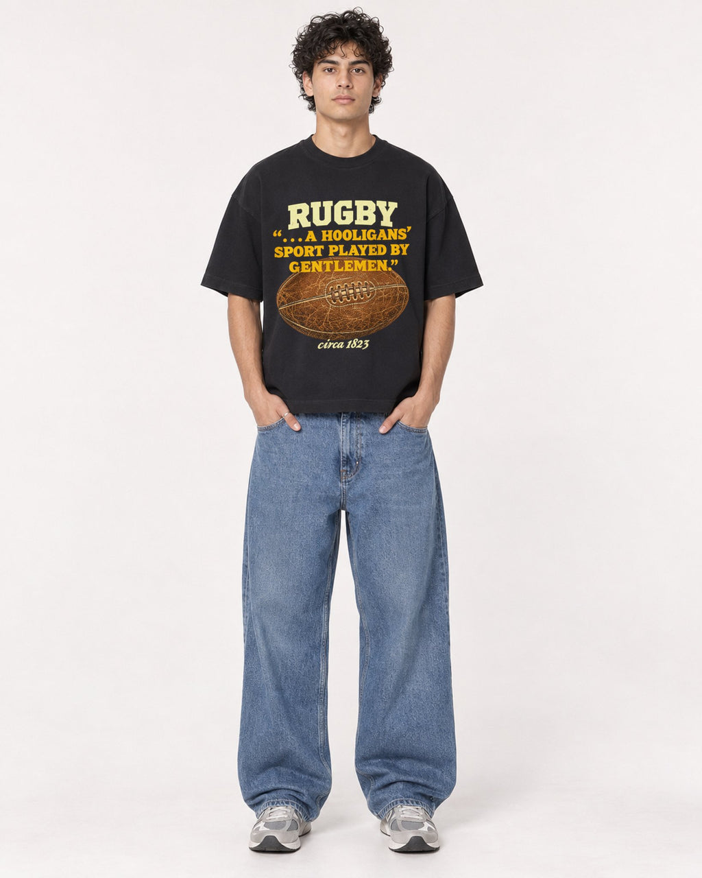 Mockup Boxy Heavyweight Tee Black male full-body 26