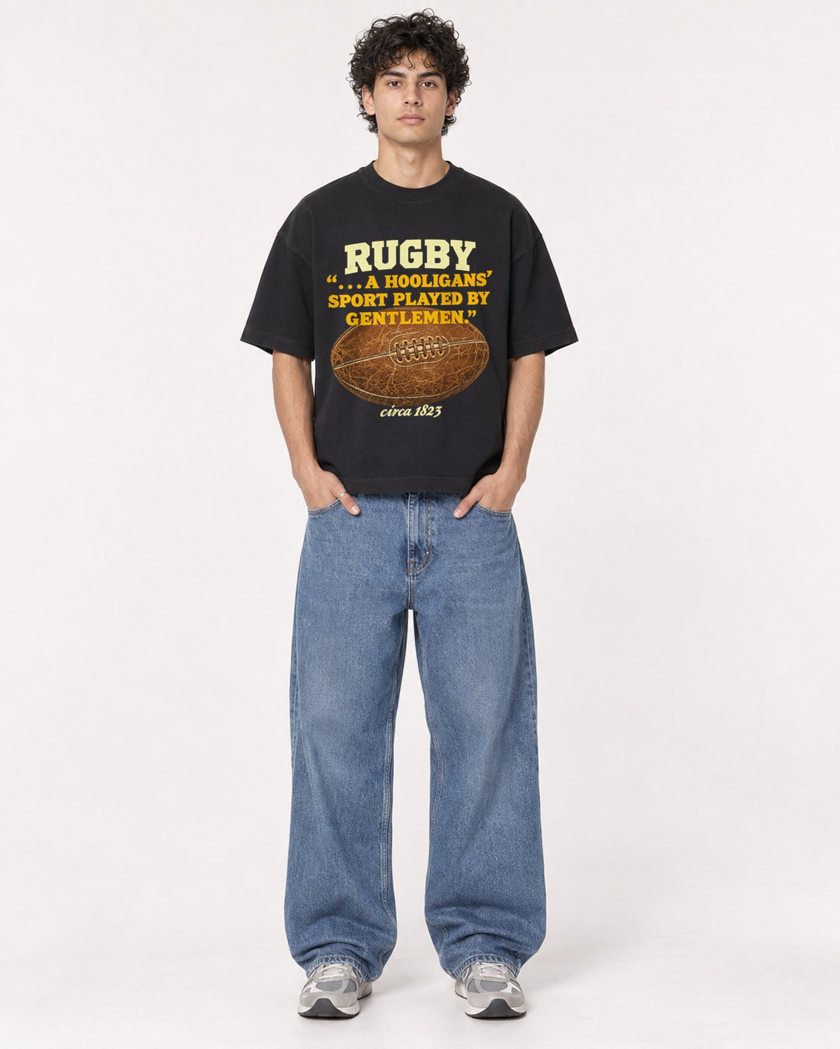 Mockup Boxy Heavyweight Tee Black male full-body 26