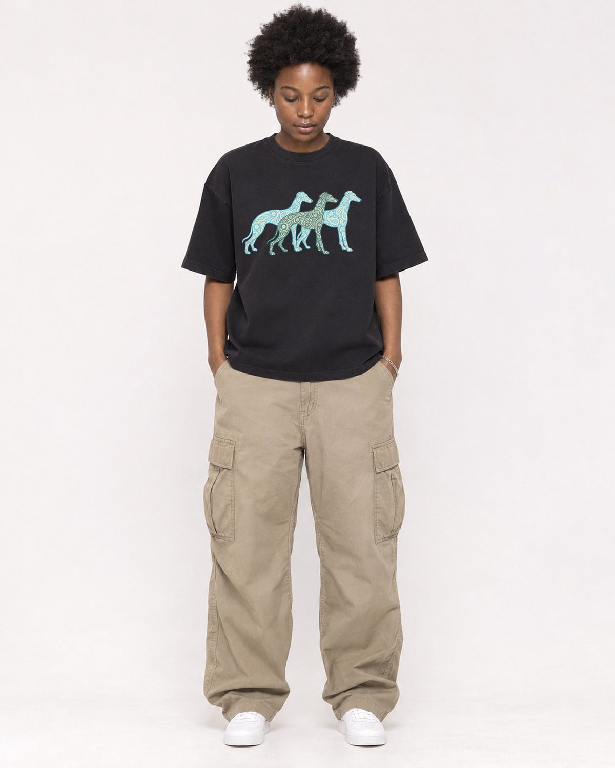 Mockup Boxy Heavyweight Tee Black female full-body 14