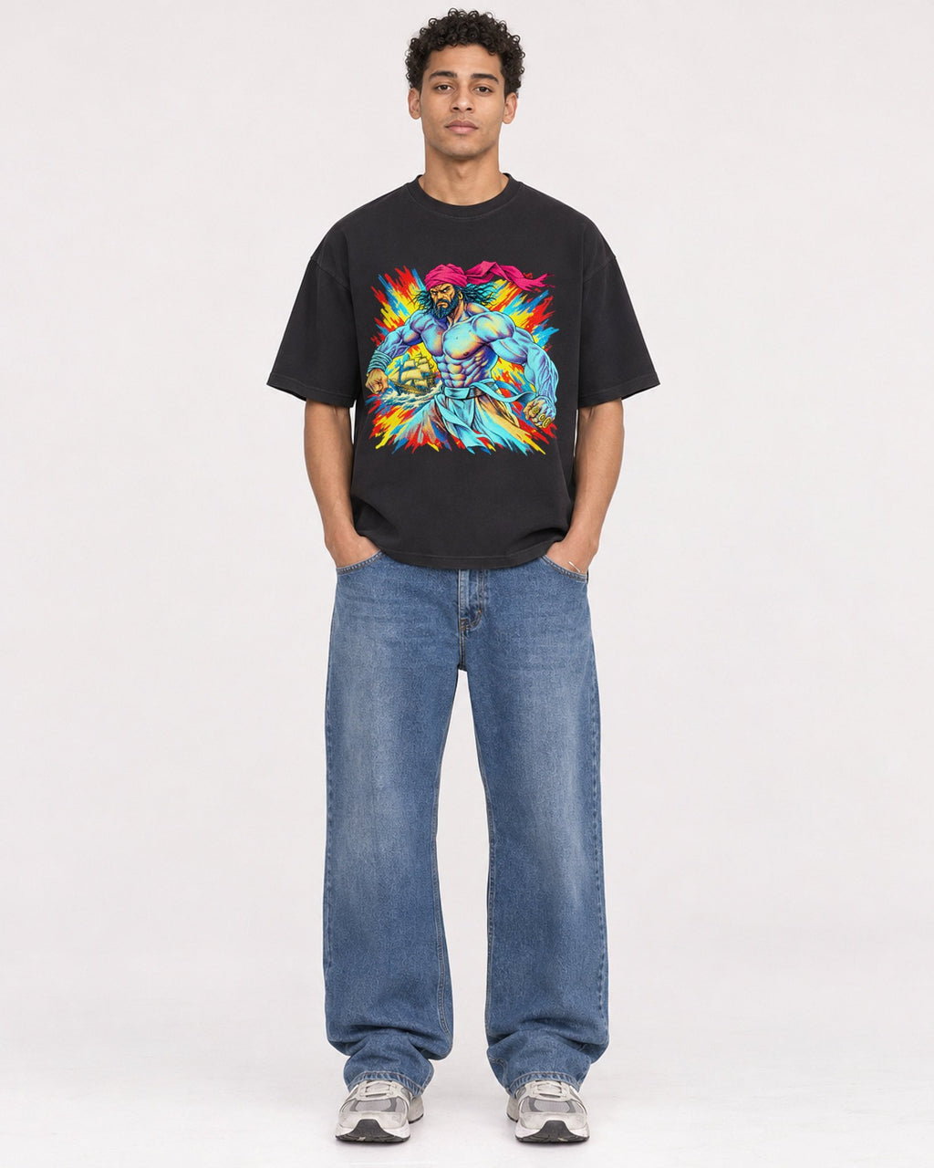 Mockup Boxy Heavyweight Tee Black male full-body 10