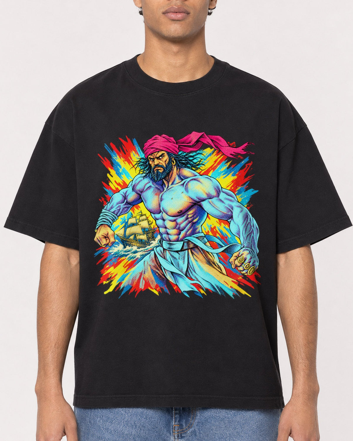 Mockup Boxy Heavyweight Tee Black male close-up 10