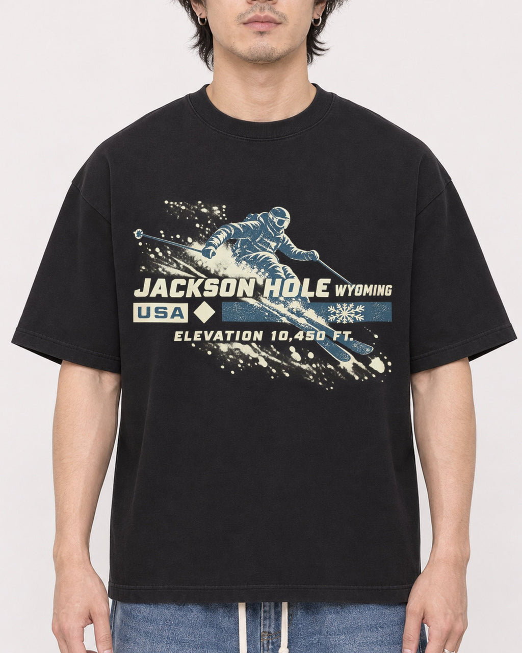 Mockup Boxy Heavyweight Tee Black male close-up 03