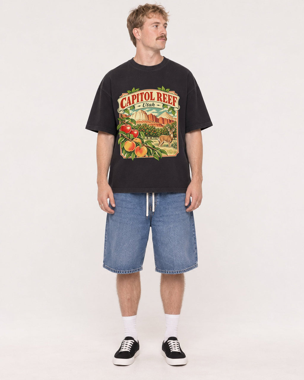 Mockup Boxy Heavyweight Tee Black male full-body 19