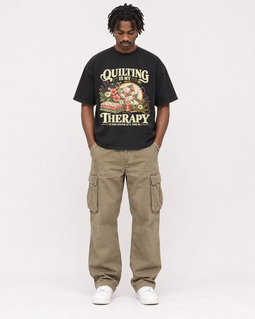 Mockup Boxy Heavyweight Tee Black male full-body 04