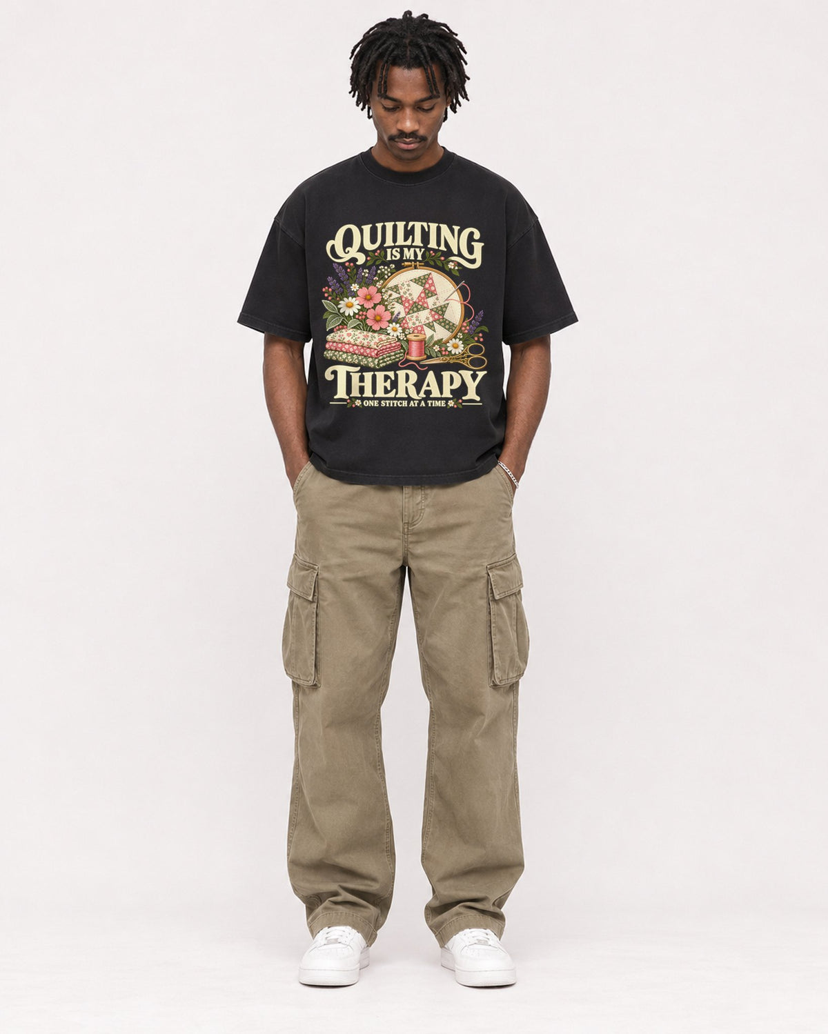 Mockup Boxy Heavyweight Tee Black male full-body 04