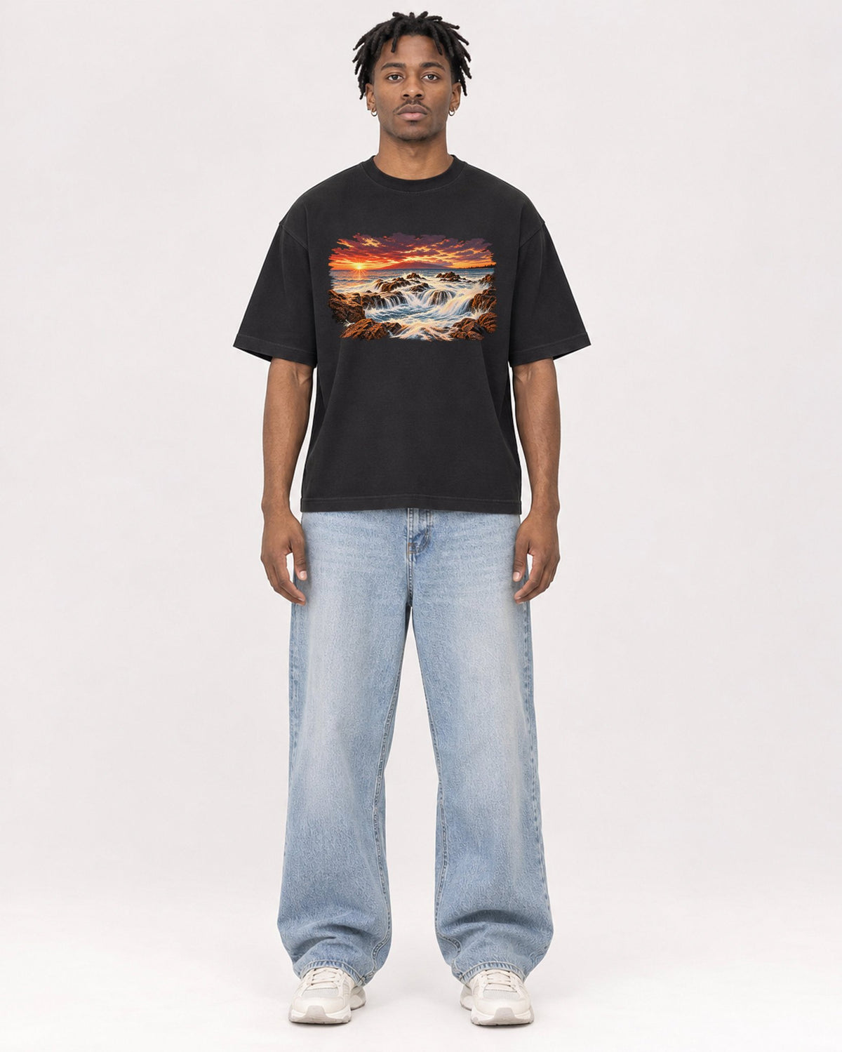 Mockup Boxy Heavyweight Tee Black male full-body 05