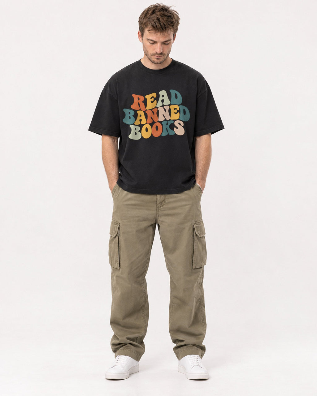 Mockup Boxy Heavyweight Tee Black male full-body 08