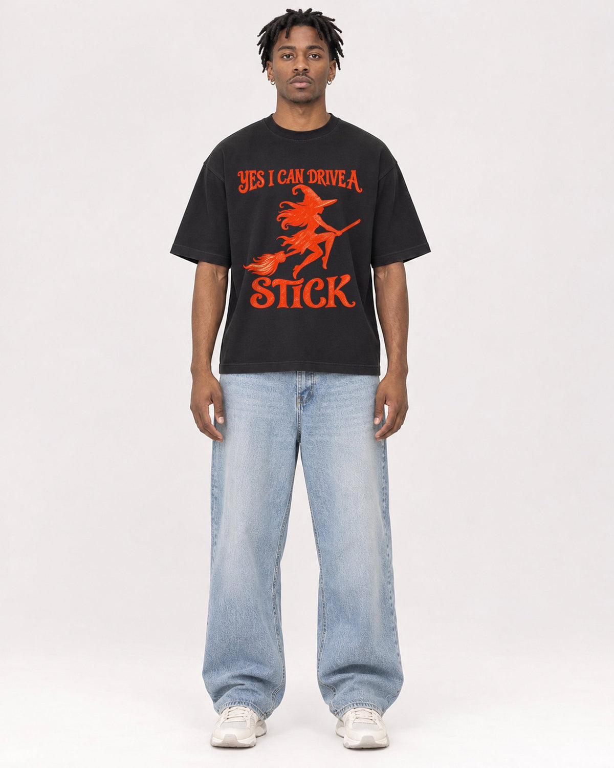 Mockup Boxy Heavyweight Tee Black male full-body 05